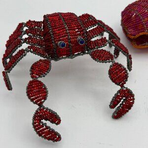 Grass Roots Beaded Handmade Wire Blue-Eyed Crab and Clam Shell with Tag Vintage
